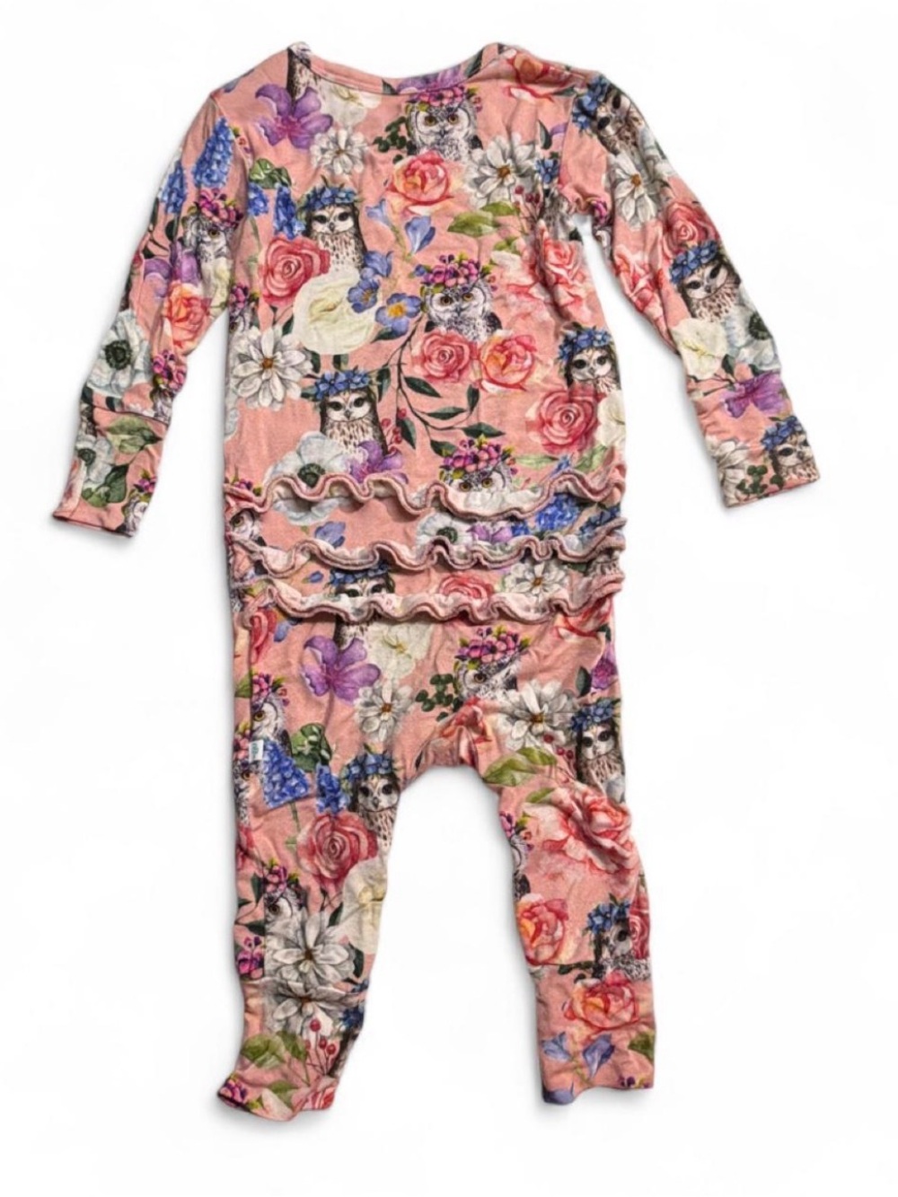 (825-10) Posh Peanut Peggy Owl Ruffled Bubble Romper - Size 12-18 Months